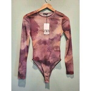 New Zara Sheer Long Sleeve Stretchy Bodysuit Purple Marbled Sz M
